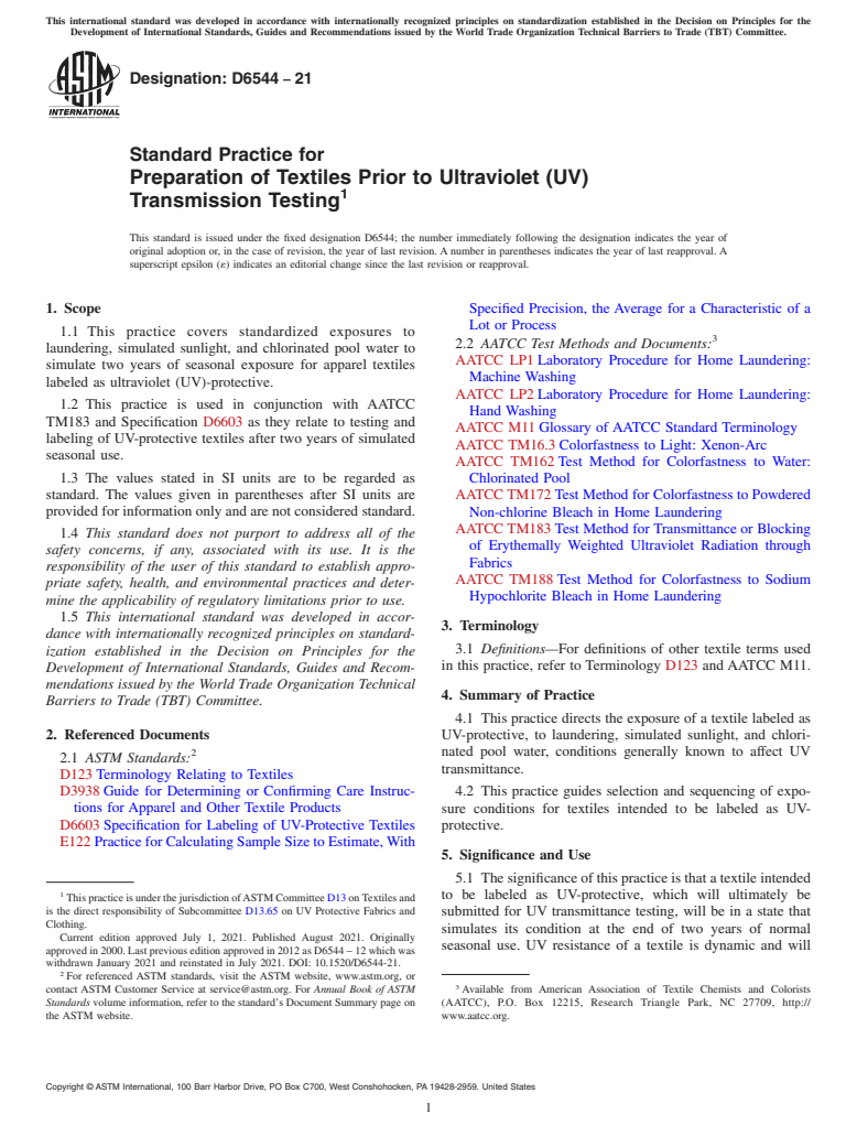 ASTM D6544-21 - Standard Practice for Preparation of Textiles Prior to Ultraviolet (UV) Transmission  Testing
