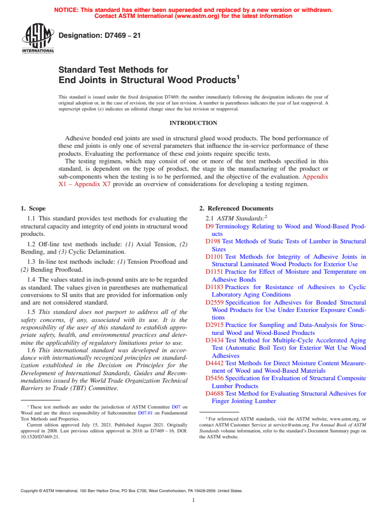 ASTM D7469-21 - Standard Test Methods for End Joints in Structural Wood Products