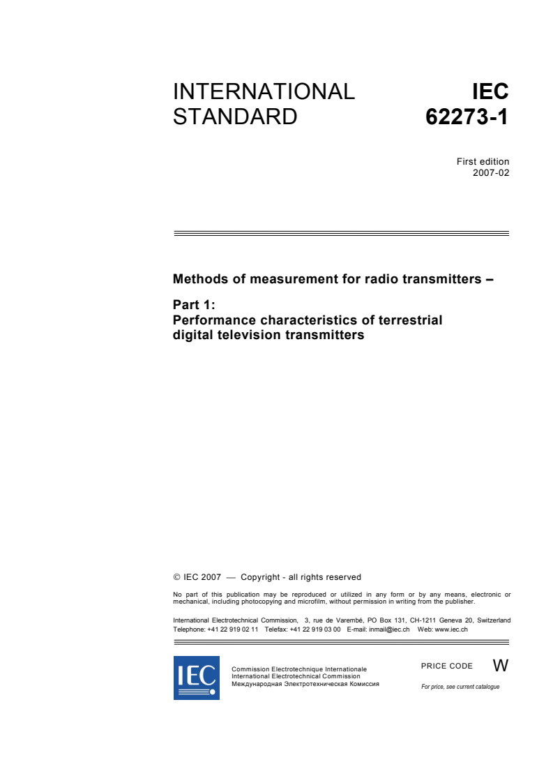 IEC 62273-1:2007 - Methods of measurement for radio transmitters - Part 1: Performance characteristics of terrestrial digital television transmitters
Released:2/16/2007
Isbn:2831889995