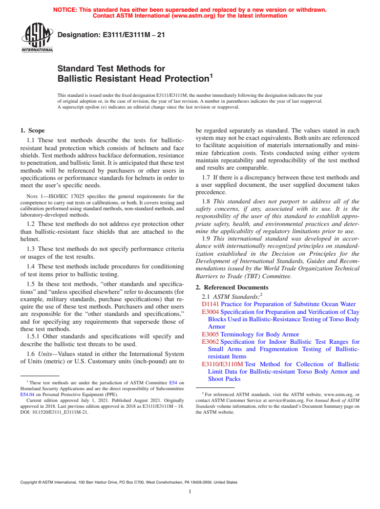 ASTM E3111/E3111M-21 - Standard Test Methods for Ballistic Resistant Head Protection