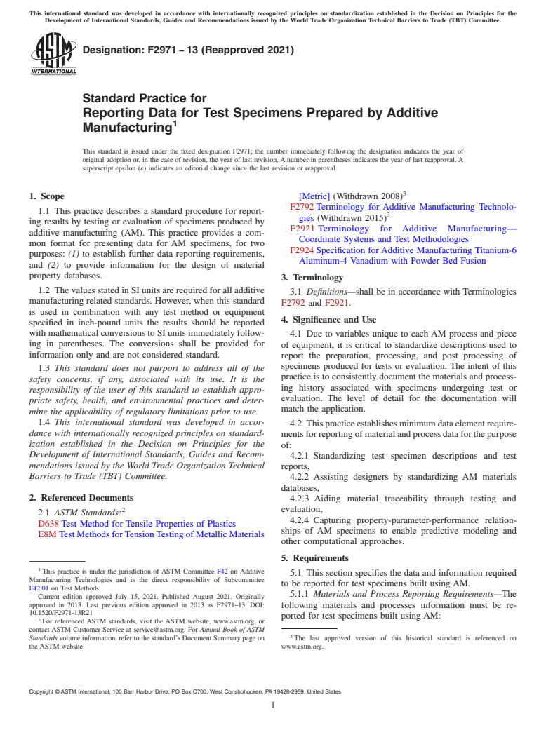 ASTM F2971-13(2021) - Standard Practice for Reporting Data for Test Specimens Prepared by Additive Manufacturing