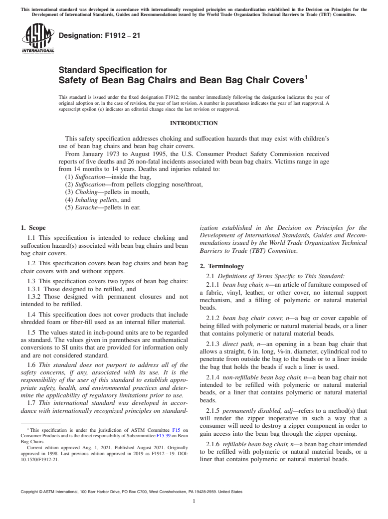 ASTM F1912-21 - Standard Specification for  Safety of Bean Bag Chairs and Bean Bag Chair Covers