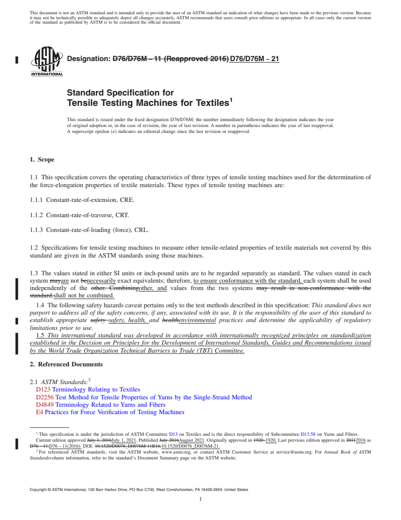 REDLINE ASTM D76/D76M-21 - Standard Specification for  Tensile Testing Machines for Textiles