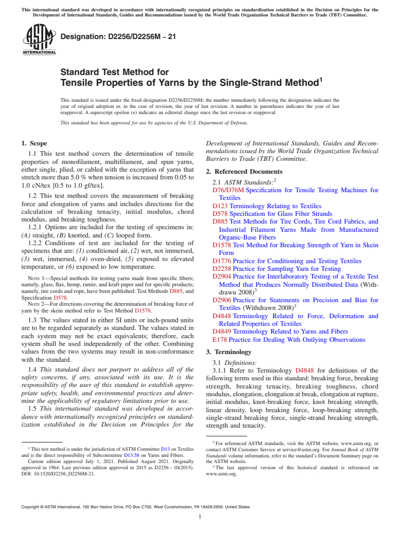 ASTM D2256/D2256M-21 - Standard Test Method for  Tensile Properties of Yarns by the Single-Strand Method