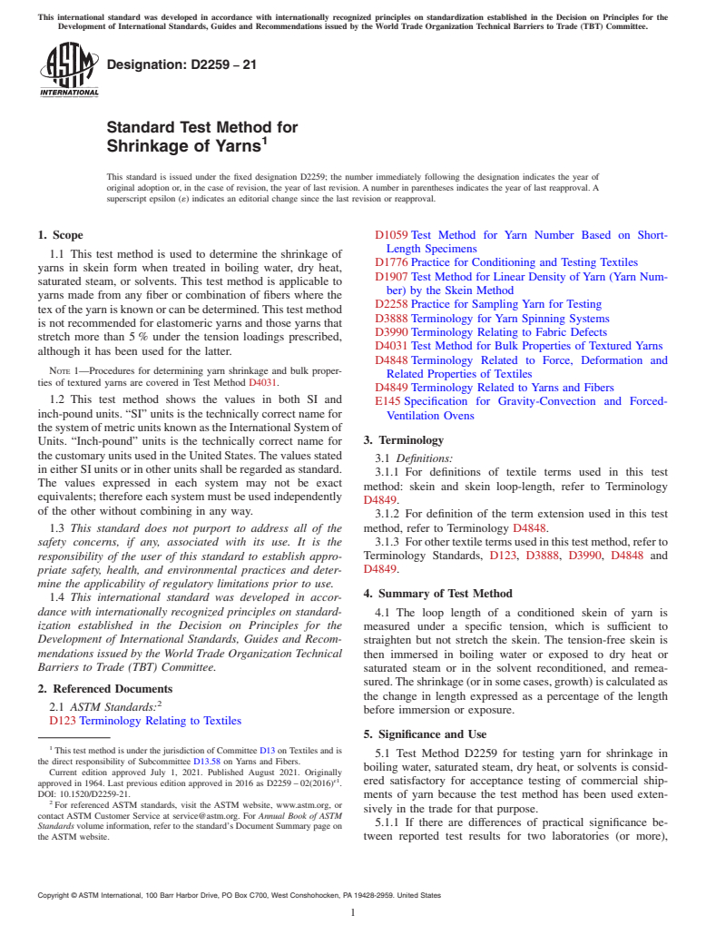 ASTM D2259-21 - Standard Test Method for  Shrinkage of Yarns