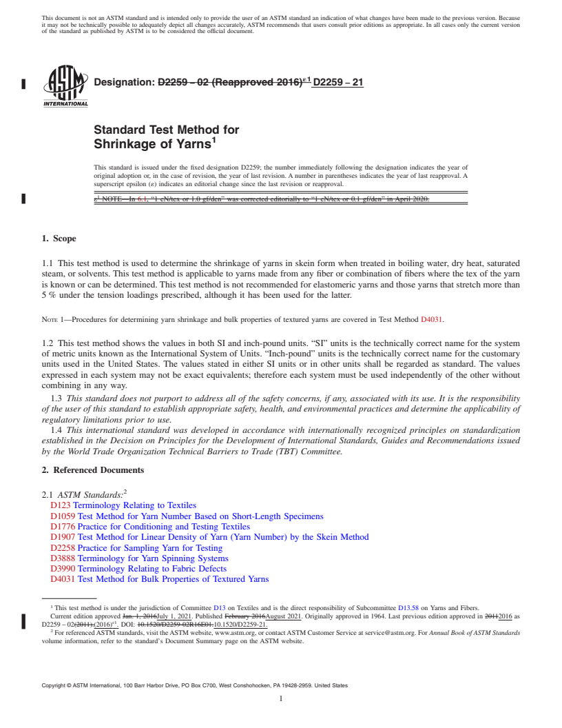REDLINE ASTM D2259-21 - Standard Test Method for  Shrinkage of Yarns