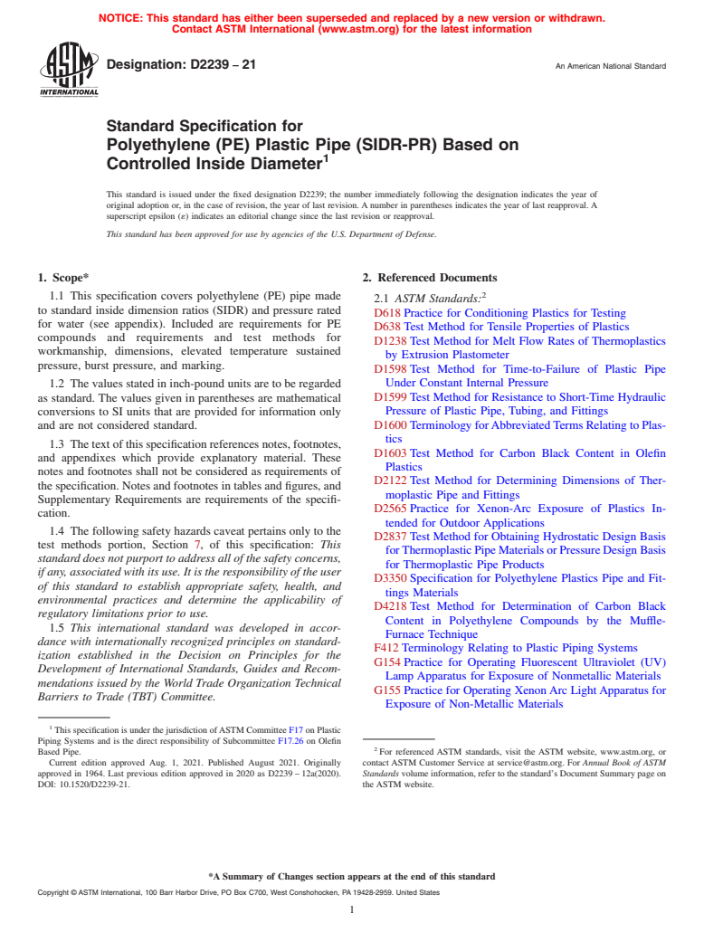 ASTM D2239-21 - Standard Specification for  Polyethylene (PE) Plastic Pipe (SIDR-PR) Based on Controlled   Inside Diameter