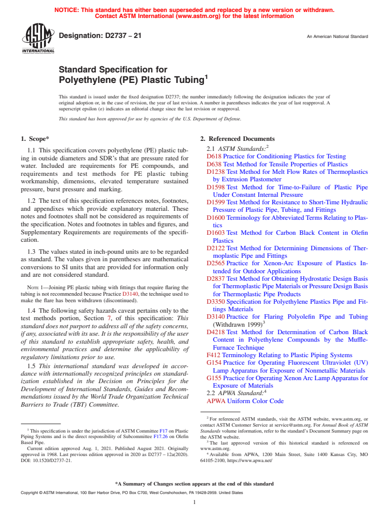 ASTM D2737-21 - Standard Specification for  Polyethylene (PE) Plastic Tubing