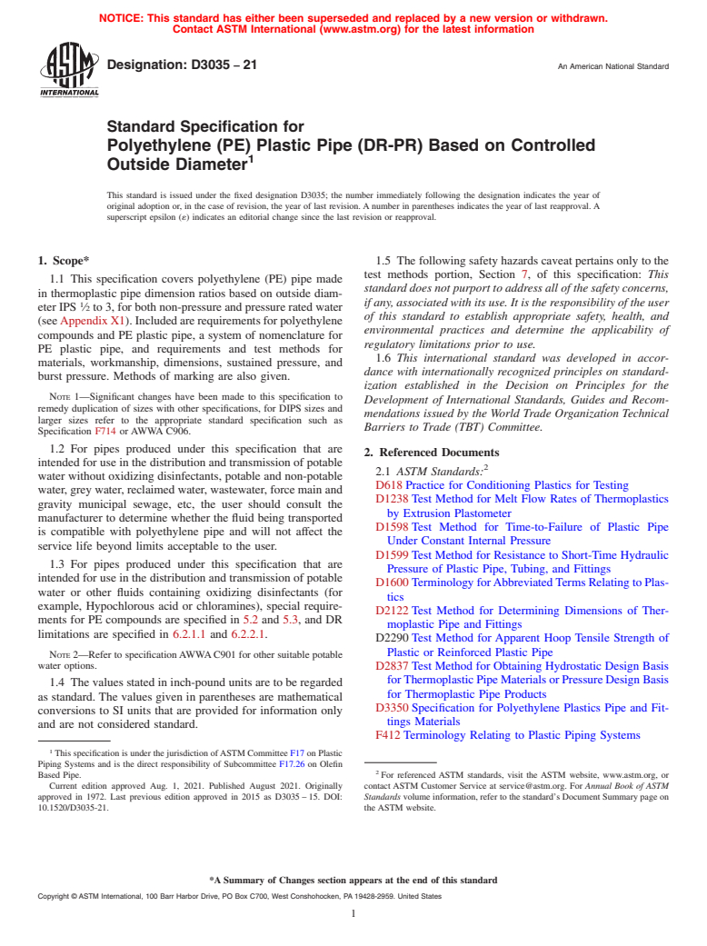 ASTM D3035-21 - Standard Specification for  Polyethylene (PE) Plastic Pipe (DR-PR) Based on Controlled   Outside Diameter