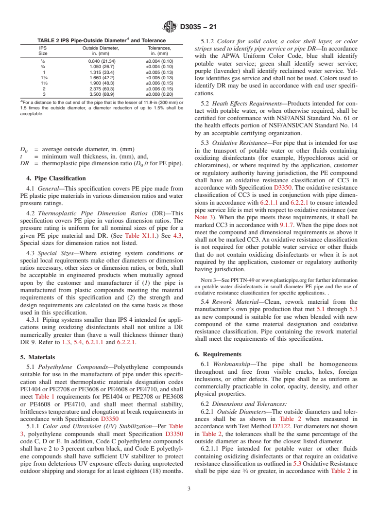 ASTM D3035-21 - Standard Specification for  Polyethylene (PE) Plastic Pipe (DR-PR) Based on Controlled   Outside Diameter