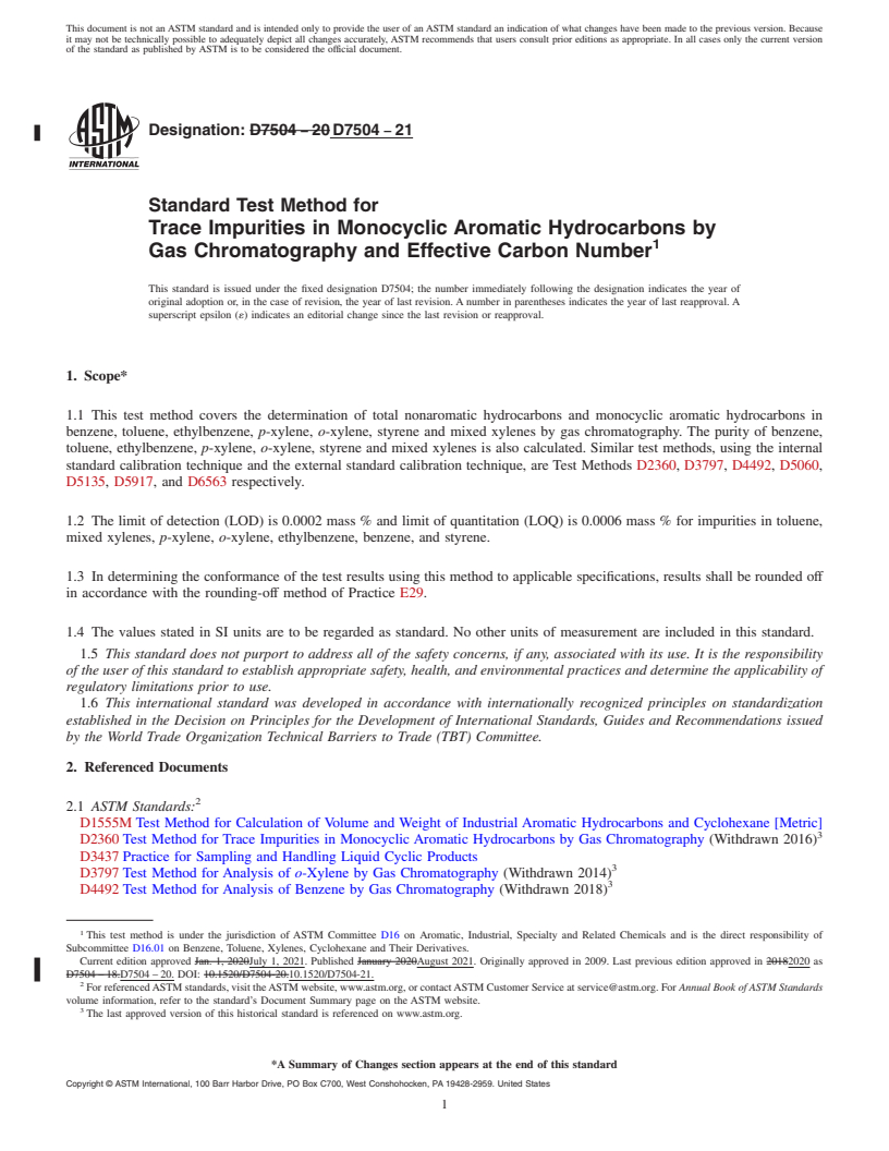 REDLINE ASTM D7504-21 - Standard Test Method for Trace Impurities in Monocyclic Aromatic Hydrocarbons by Gas   Chromatography   and Effective Carbon Number