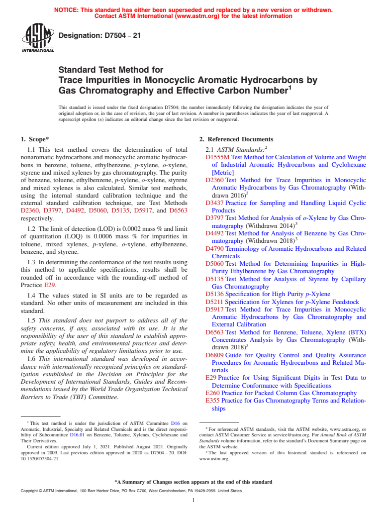 ASTM D7504-21 - Standard Test Method for Trace Impurities in Monocyclic Aromatic Hydrocarbons by Gas   Chromatography   and Effective Carbon Number