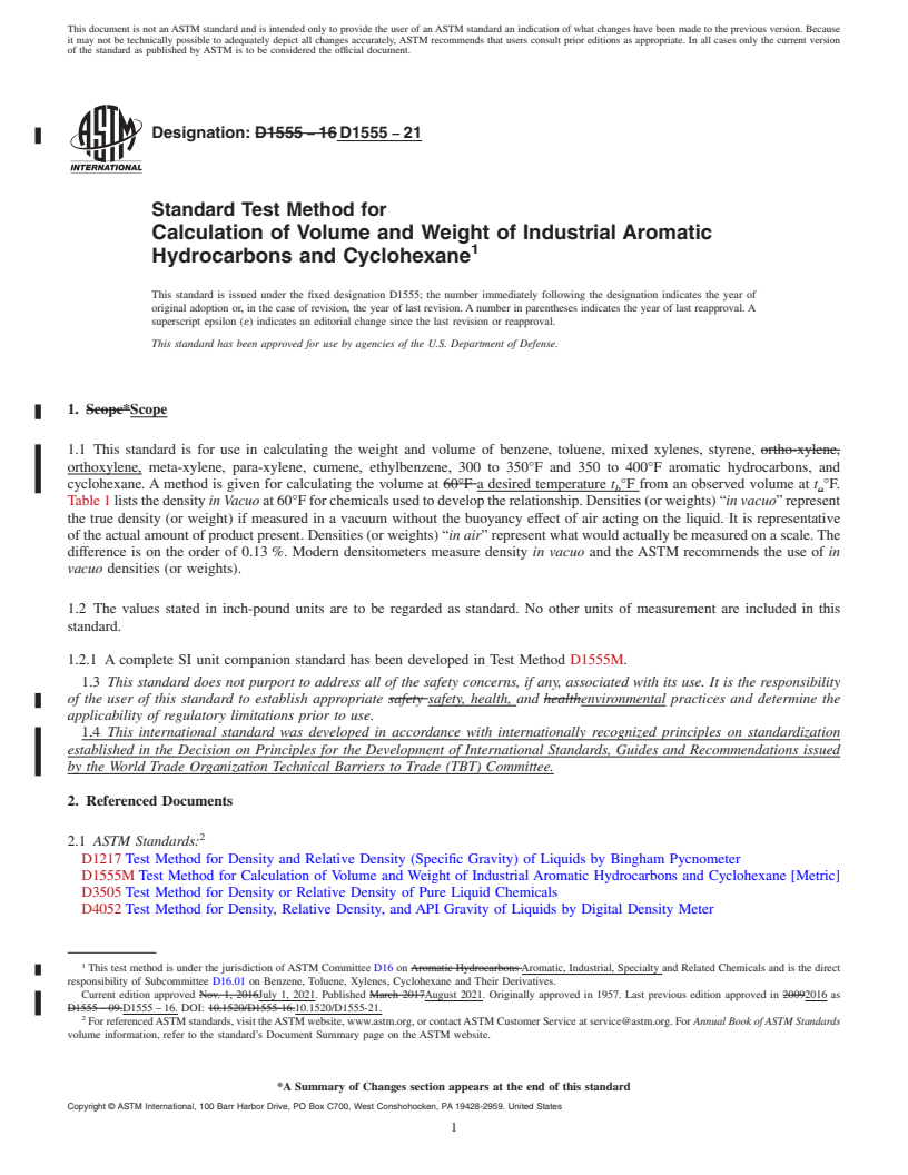 REDLINE ASTM D1555-21 - Standard Test Method for Calculation of Volume and Weight of Industrial Aromatic Hydrocarbons      and Cyclohexane