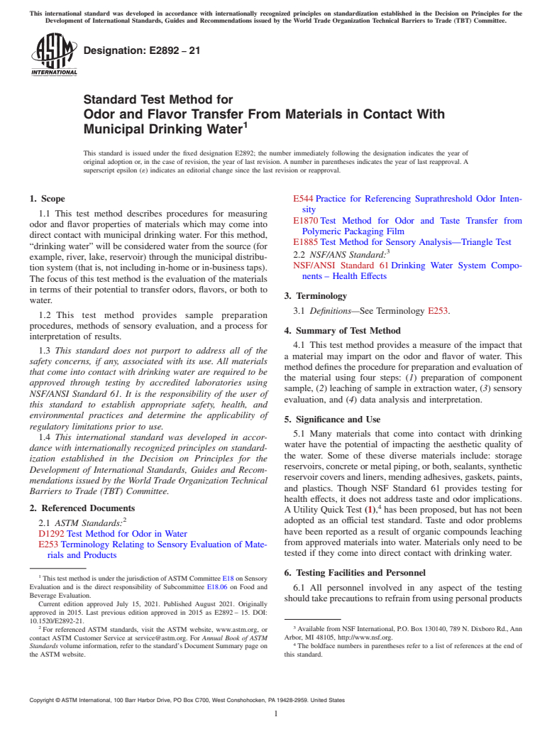 ASTM E2892-21 - Standard Test Method for Odor and Flavor Transfer From Materials in Contact With Municipal Drinking Water