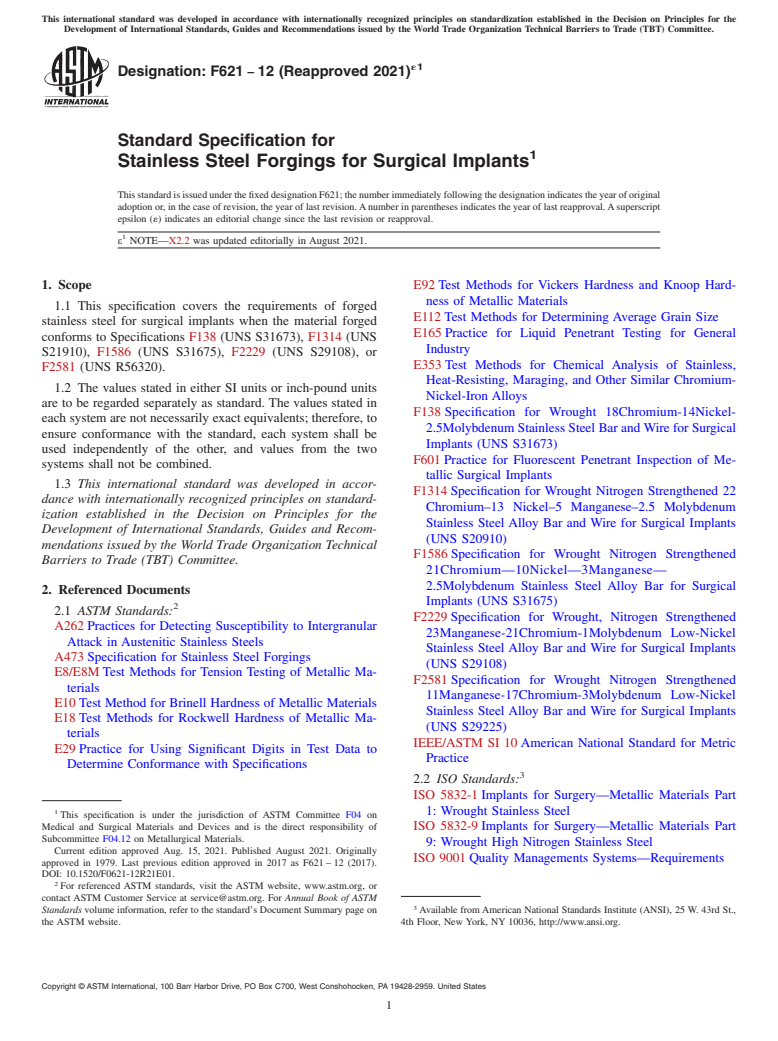 ASTM F621-12(2021)e1 - Standard Specification for  Stainless Steel Forgings for Surgical Implants