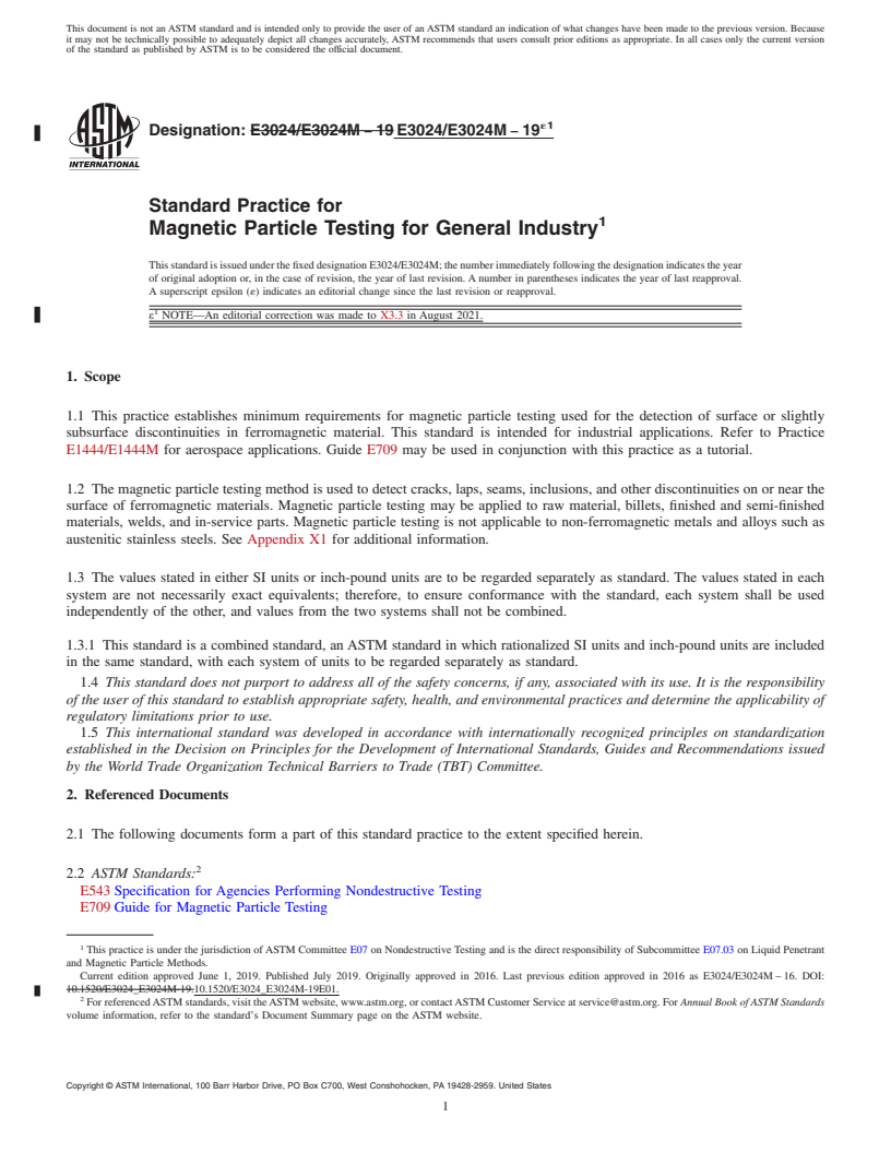 REDLINE ASTM E3024/E3024M-19e1 - Standard Practice for Magnetic Particle Testing for General Industry