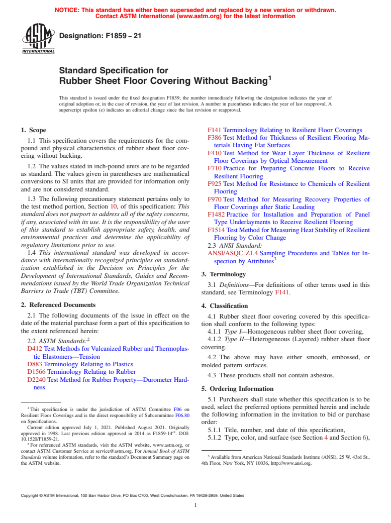 ASTM F1859-21 - Standard Specification for  Rubber Sheet Floor Covering Without Backing