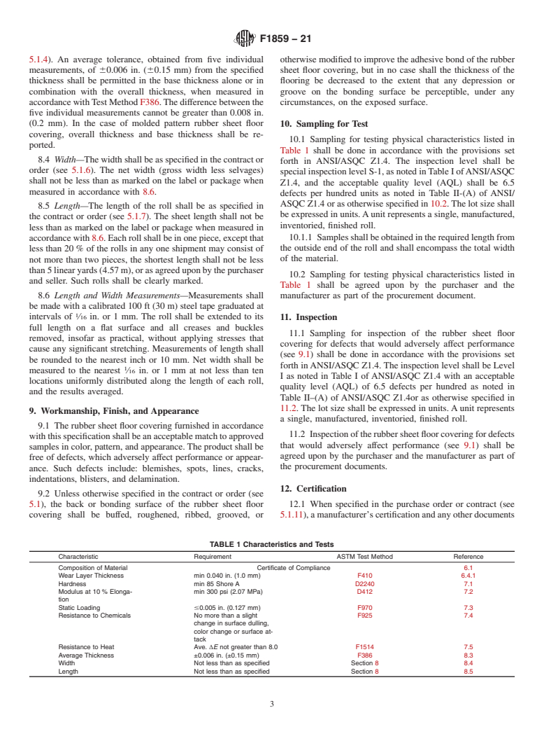 ASTM F1859-21 - Standard Specification for  Rubber Sheet Floor Covering Without Backing