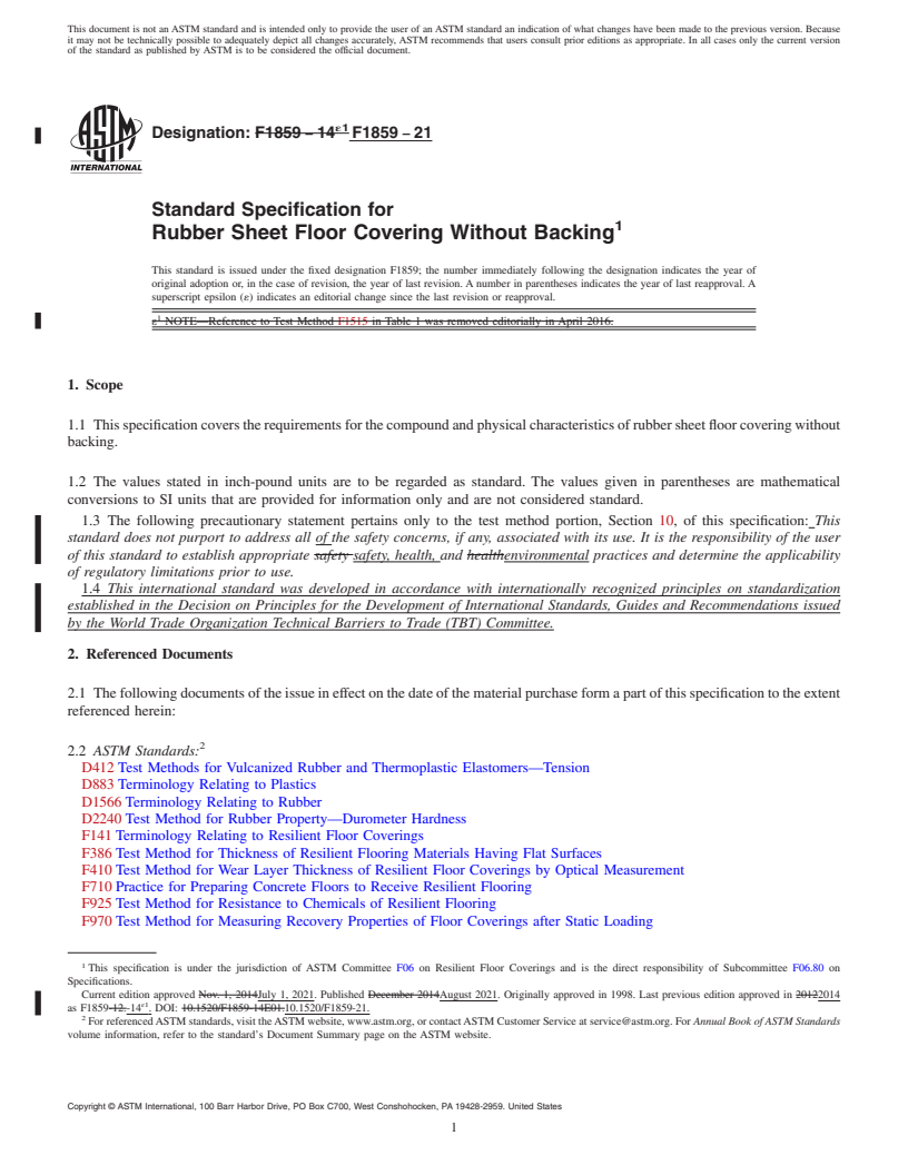 REDLINE ASTM F1859-21 - Standard Specification for  Rubber Sheet Floor Covering Without Backing