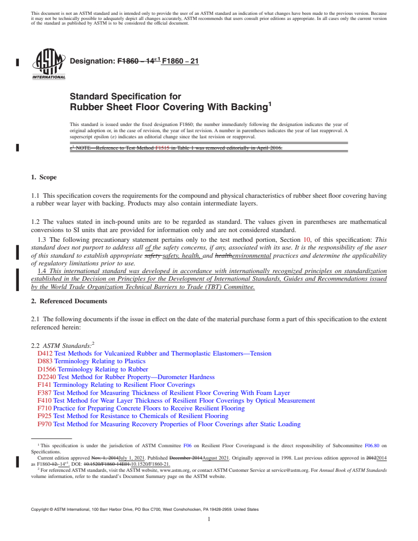 REDLINE ASTM F1860-21 - Standard Specification for  Rubber Sheet Floor Covering With Backing