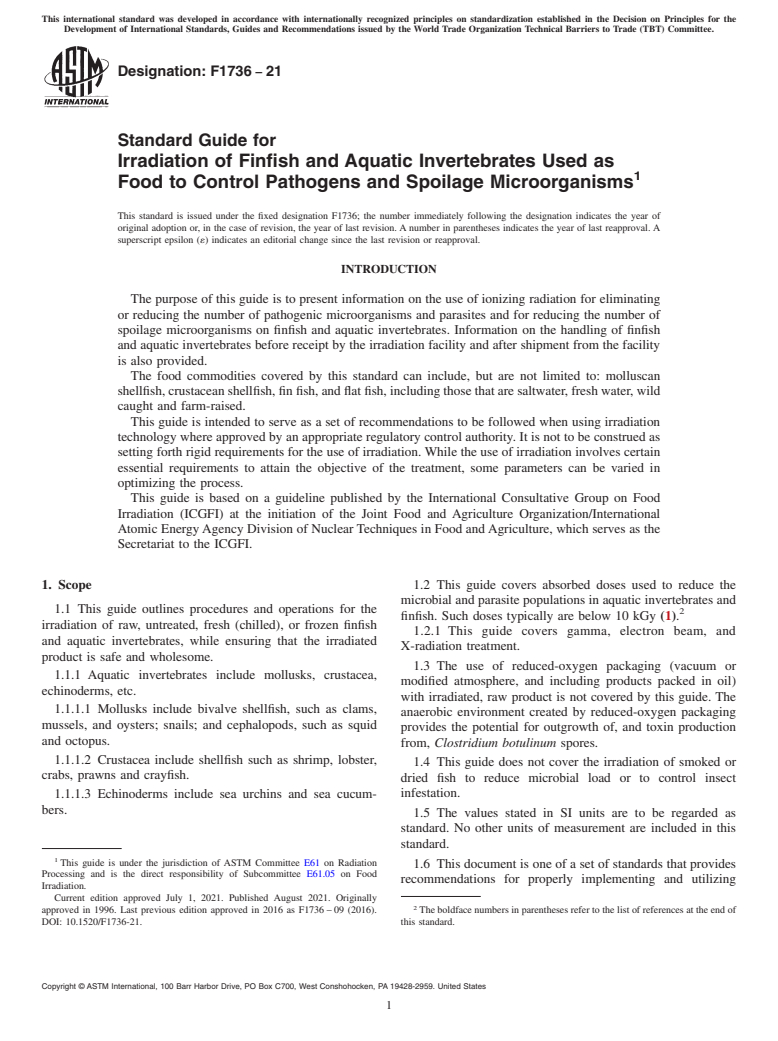 ASTM F1736-21 - Standard Guide for Irradiation of Finfish and Aquatic Invertebrates Used as Food  to Control Pathogens and Spoilage Microorganisms