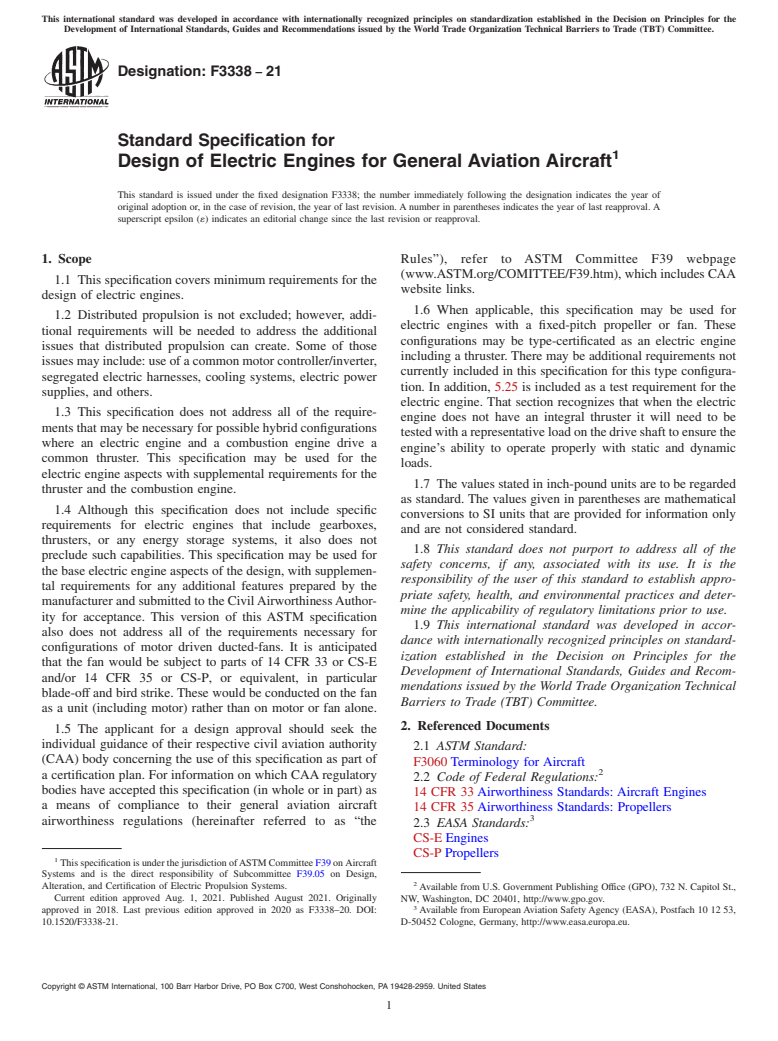 ASTM F3338-21 - Standard Specification for Design of Electric Engines for General Aviation Aircraft