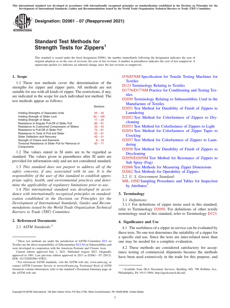 ASTM D2061-07(2021) - Standard Test Methods for Strength Tests for Zippers