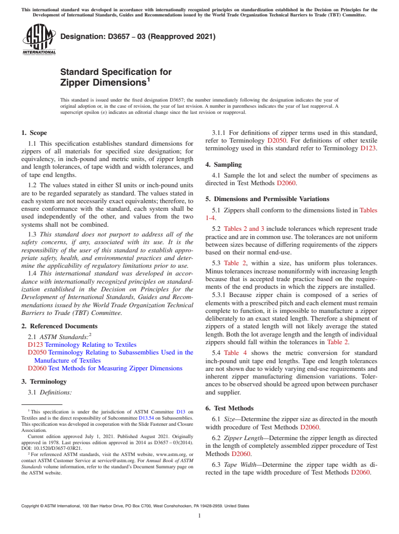 ASTM D3657-03(2021) - Standard Specification for Zipper Dimensions