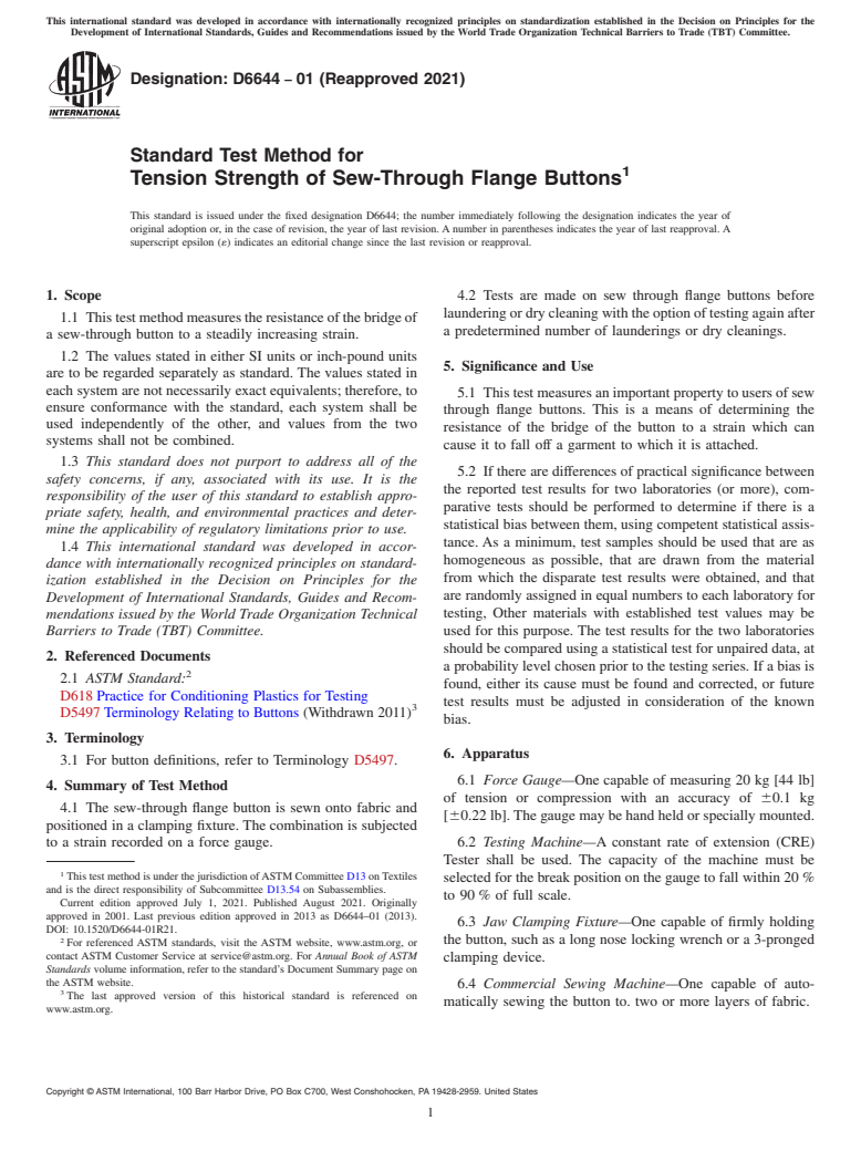 ASTM D6644-01(2021) - Standard Test Method for Tension Strength of Sew-Through Flange Buttons