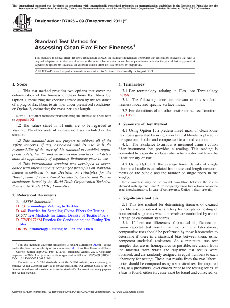 ASTM D7025-09(2021)e1 - Standard Test Method for Assessing Clean Flax Fiber Fineness