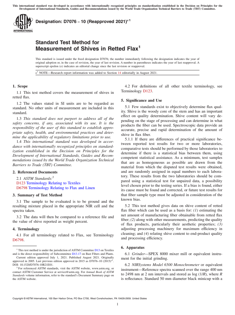 ASTM D7076-10(2021)e1 - Standard Test Method for Measurement of Shives in Retted Flax