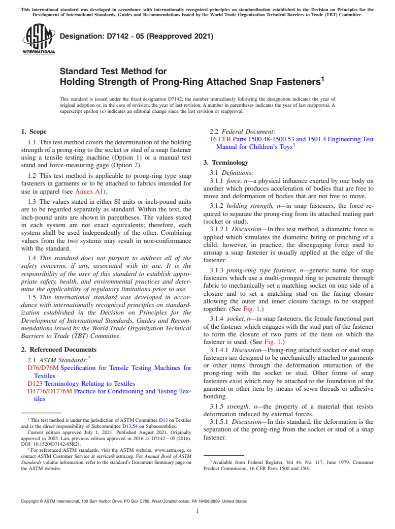 ASTM D7142-05(2021) - Standard Test Method for Holding Strength of Prong-Ring Attached Snap Fasteners