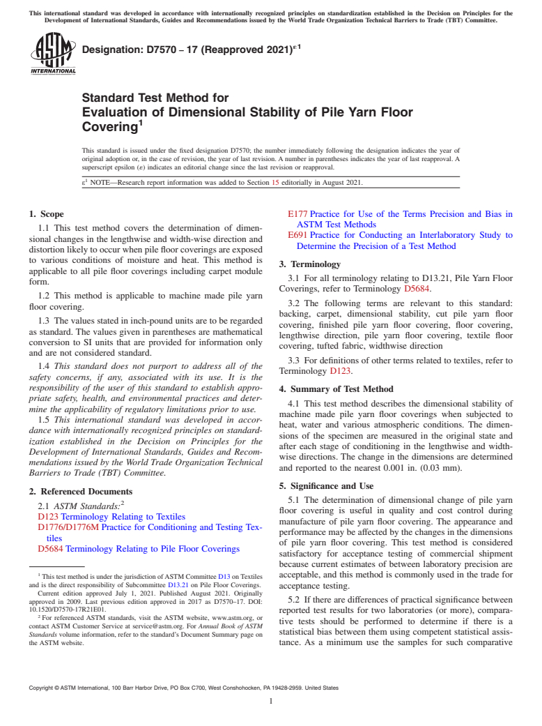 ASTM D7570-17(2021)e1 - Standard Test Method for Evaluation of Dimensional Stability of Pile Yarn Floor Covering