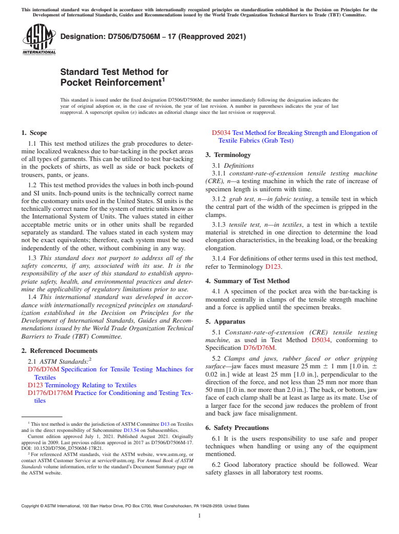 ASTM D7506/D7506M-17(2021) - Standard Test Method for Pocket Reinforcement