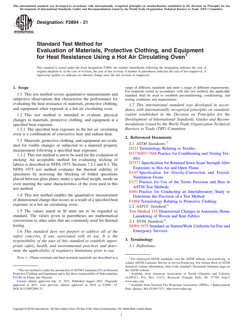 ASTM F2894-21 - Standard Test Method for  Evaluation of Materials, Protective Clothing, and Equipment  for Heat Resistance Using a Hot Air Circulating Oven