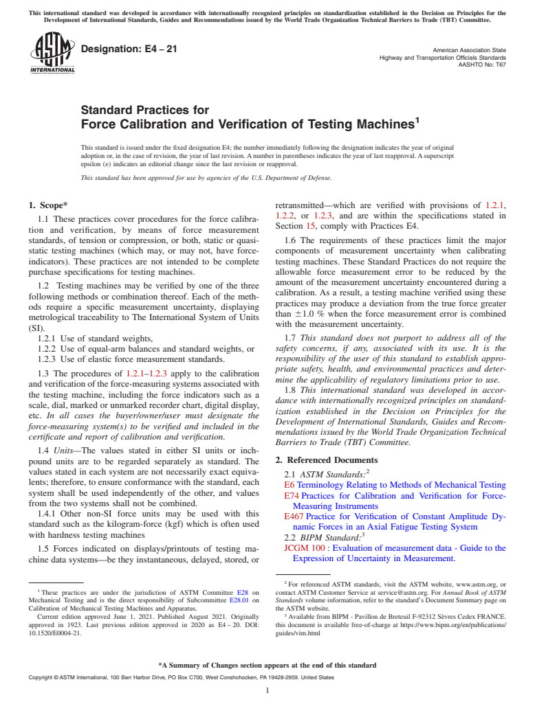 ASTM E4-21 - Standard Practices for  Force Calibration and Verification of Testing Machines