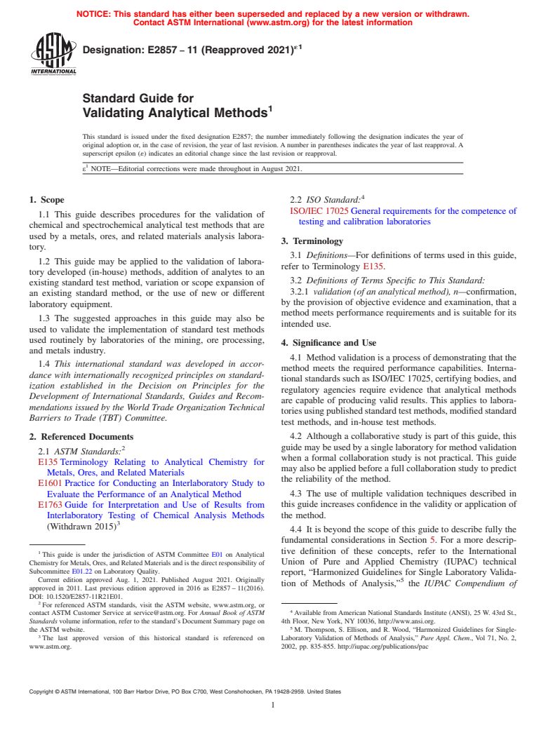 ASTM E2857-11(2021)e1 - Standard Guide for  Validating Analytical Methods