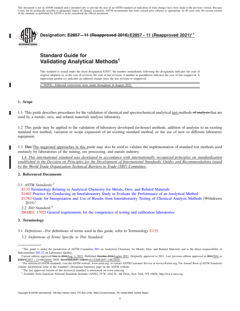 REDLINE ASTM E2857-11(2021)e1 - Standard Guide for  Validating Analytical Methods