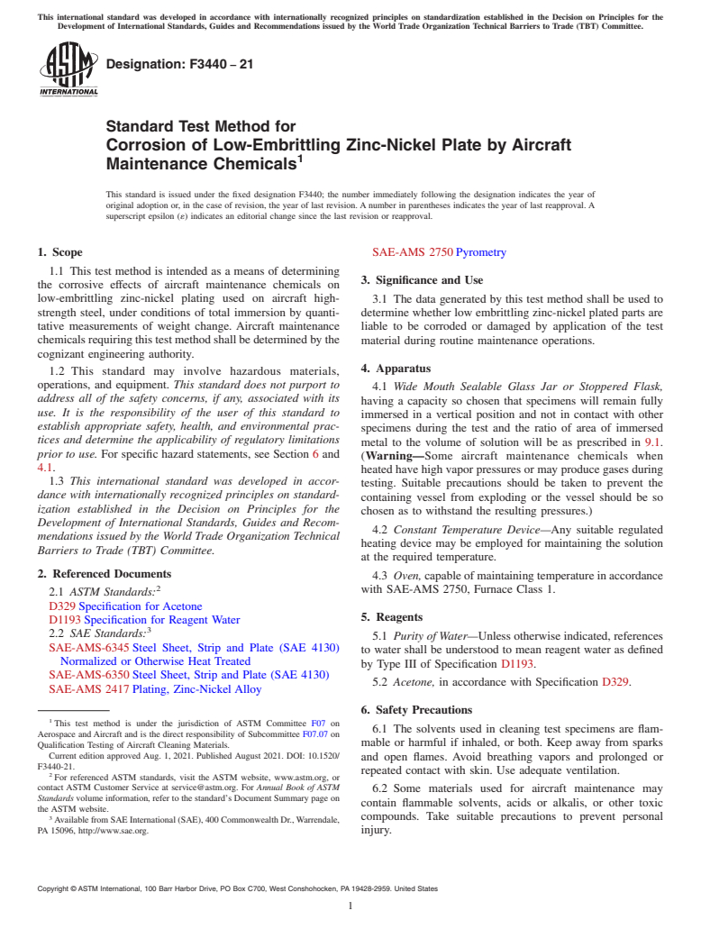 ASTM F3440-21 - Standard Test Method for Corrosion of Low-Embrittling Zinc-Nickel Plate by Aircraft  Maintenance Chemicals