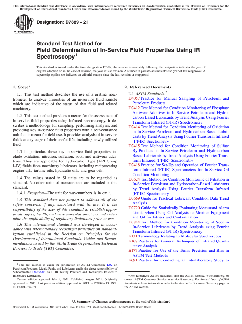 ASTM D7889-21 - Standard Test Method for Field Determination of In-Service Fluid Properties Using IR  Spectroscopy