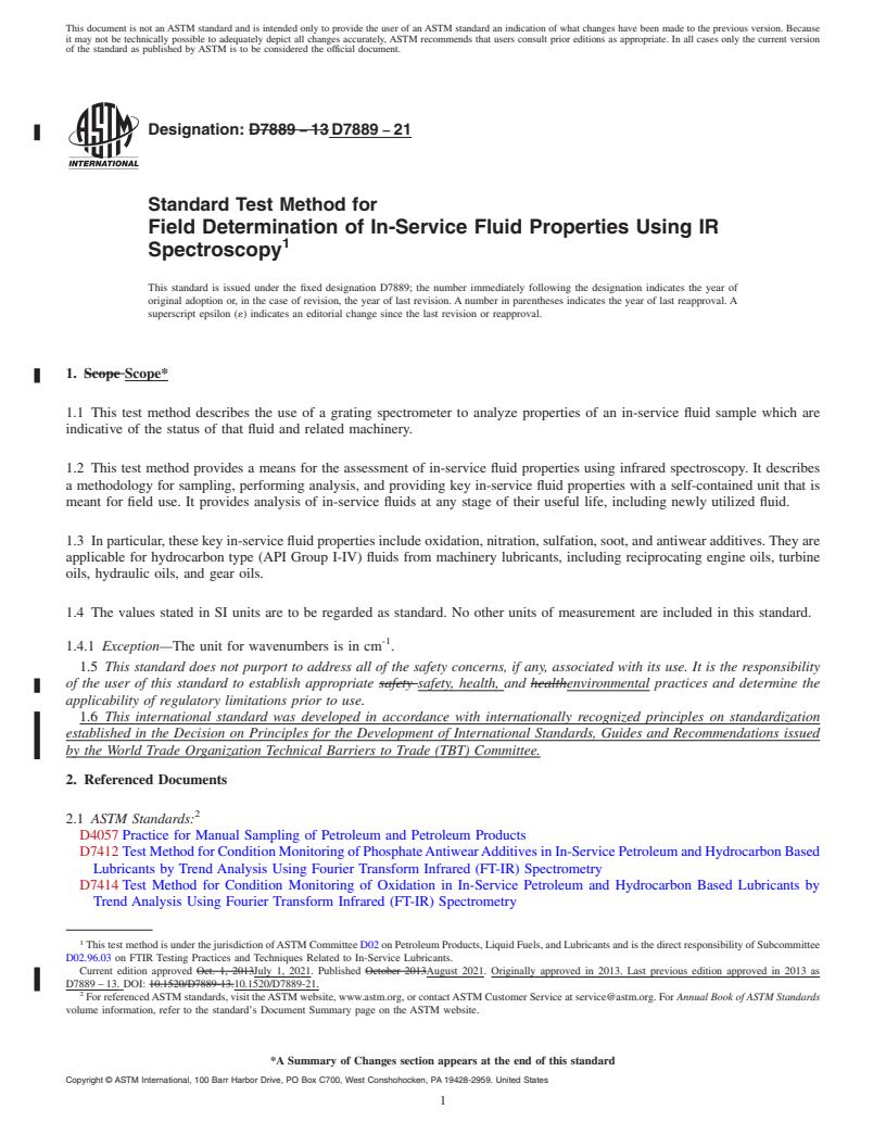 REDLINE ASTM D7889-21 - Standard Test Method for Field Determination of In-Service Fluid Properties Using IR  Spectroscopy