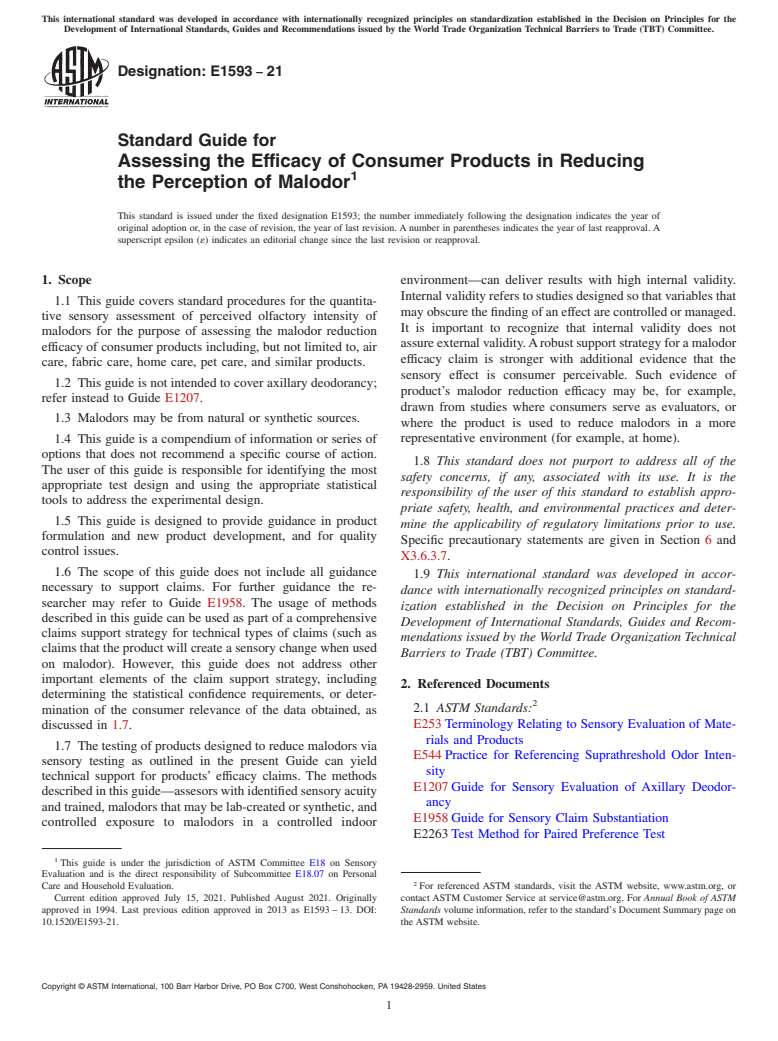 ASTM E1593-21 - Standard Guide for  Assessing the Efficacy of Consumer Products in Reducing the  Perception of Malodor