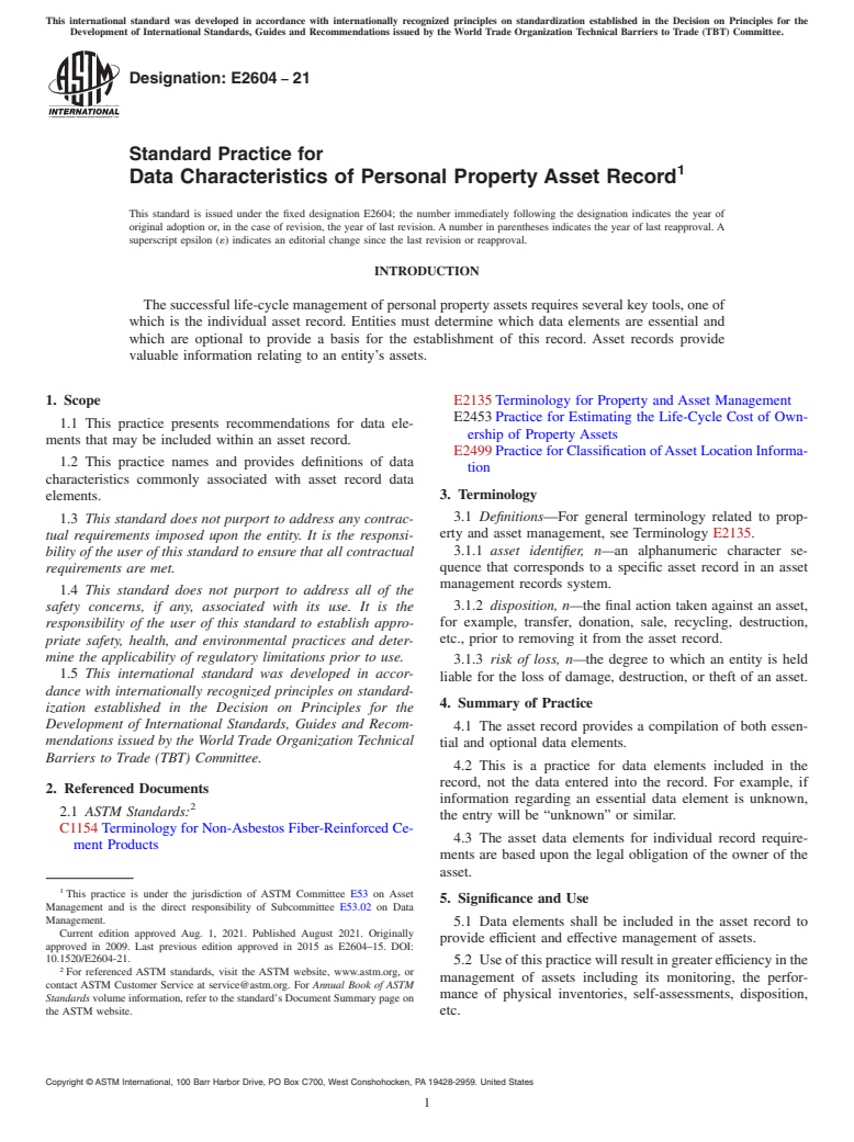 ASTM E2604-21 - Standard Practice for Data Characteristics of Personal Property Asset Record
