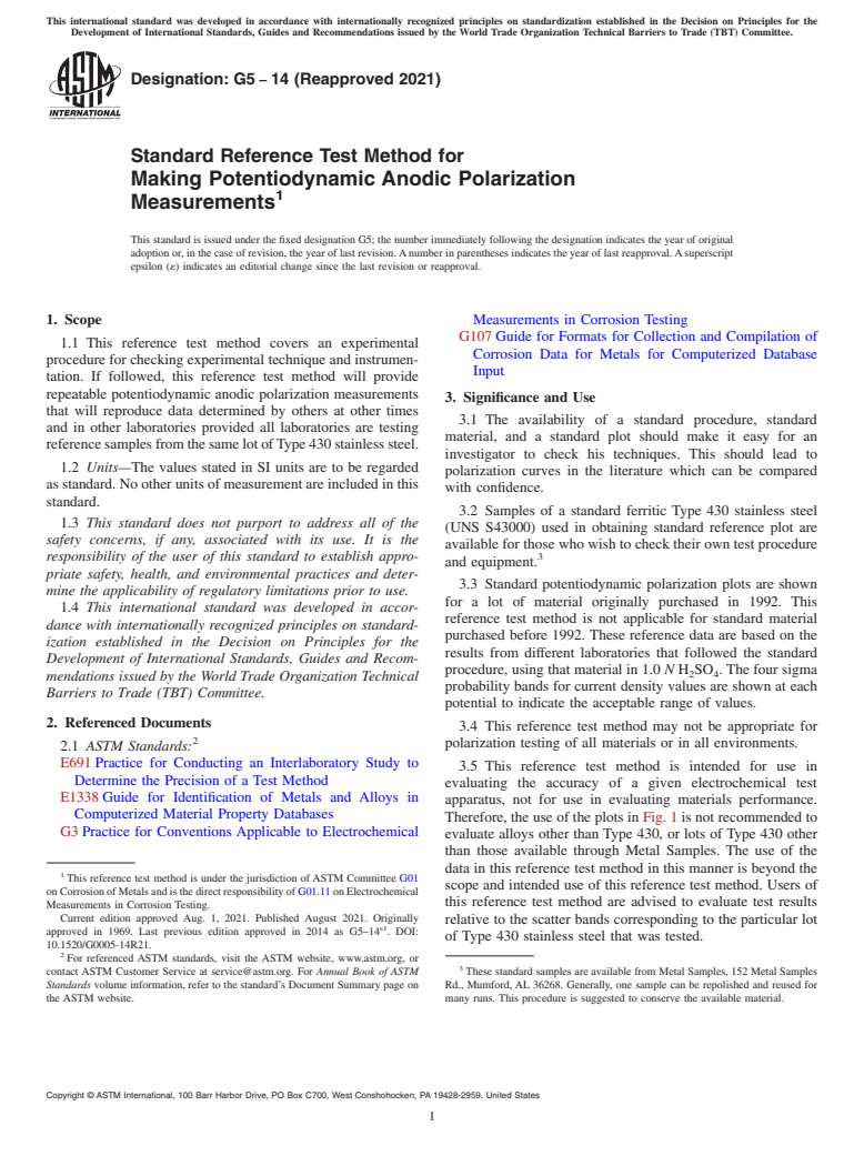 ASTM G5-14(2021) - Standard Reference Test Method for Making Potentiodynamic Anodic Polarization Measurements