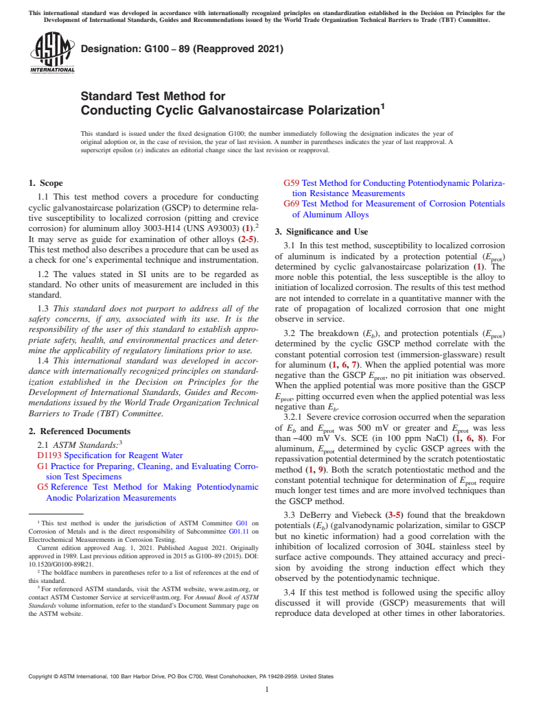 ASTM G100-89(2021) - Standard Test Method for Conducting Cyclic Galvanostaircase Polarization