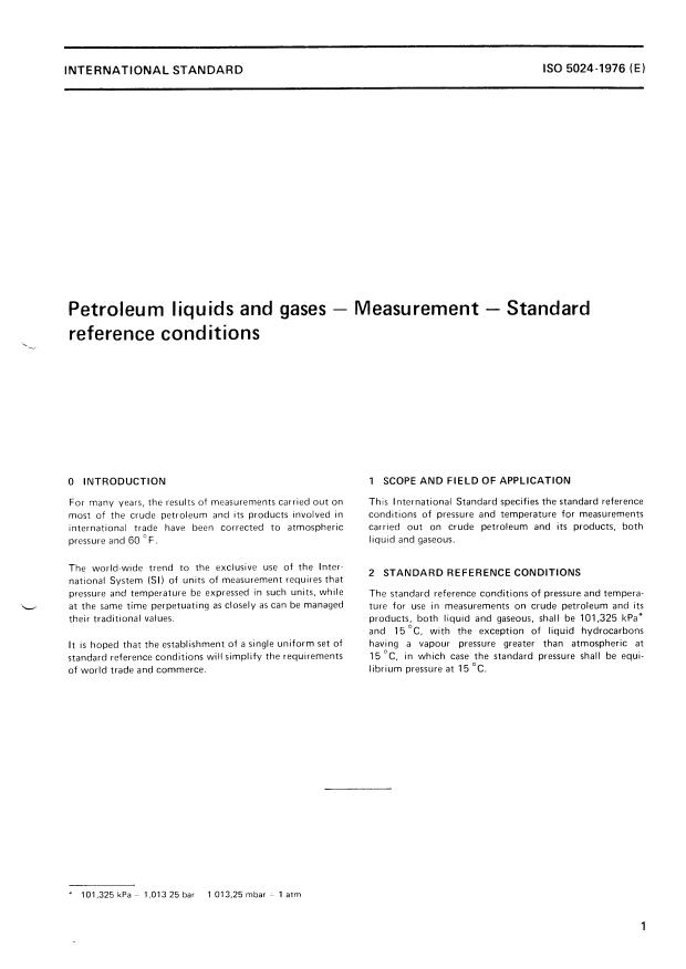 ISO 5024:1976 - Petroleum liquids and gases -- Measurement -- Standard reference conditions