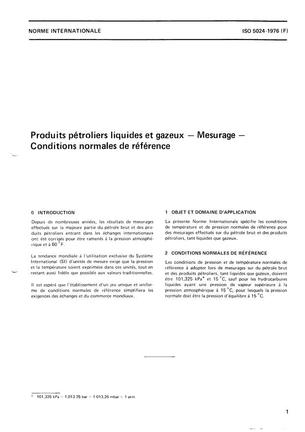 ISO 5024:1976 - Produits pétroliers liquides et gazeux -- Mesurage -- Conditions normales de référence