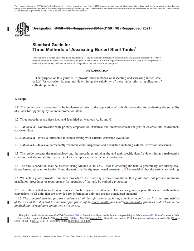 REDLINE ASTM G158-98(2021) - Standard Guide for Three Methods of Assessing Buried Steel Tanks