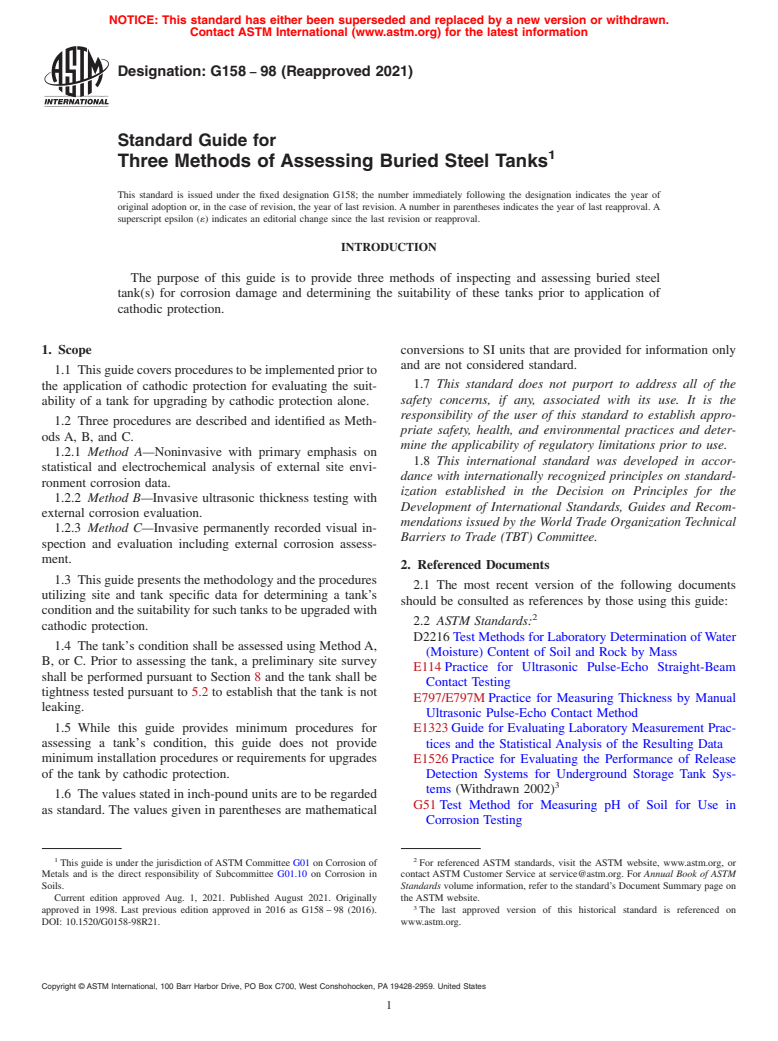 ASTM G158-98(2021) - Standard Guide for Three Methods of Assessing Buried Steel Tanks