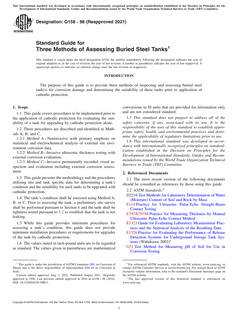 ASTM G158-98(2021) - Standard Guide for Three Methods of Assessing Buried Steel Tanks